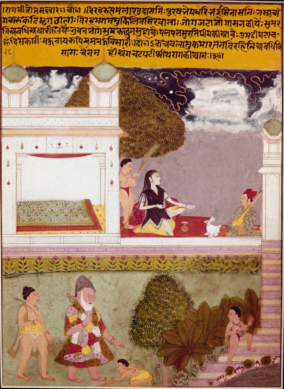 En askete lytter til musikk på terrassen til et miniatyrpalass på den indiske skolen, rundt 1760. Privat samling av Indian School