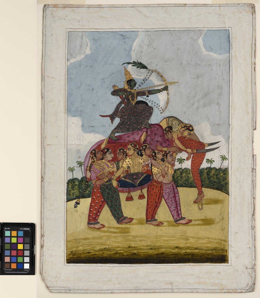 En elefant, kompositt, laget av dansende kvinner, fungerer som et feste for en bueskytter, ca. 1825 (ugjennomsiktig akvarell og gull på papir) av Indian School
