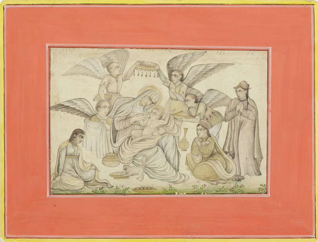Angels Attend Mary and Jesus, ca. 1665 (ugjennomsiktig wc og gull på papir) av Indian School