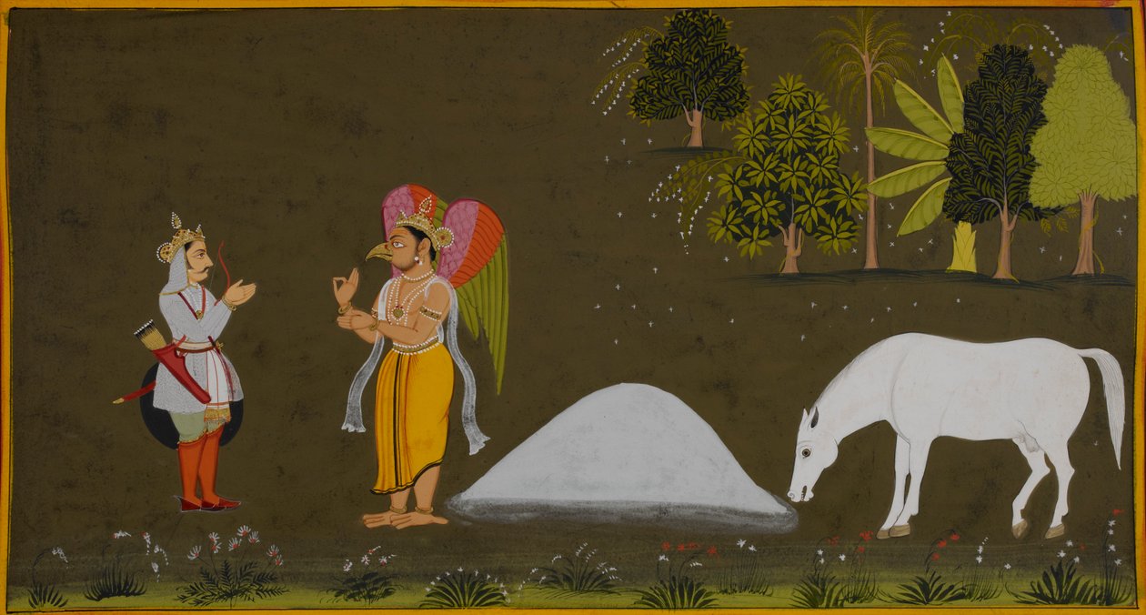 Anśumān finner onklenes aske, og Garuḍa råder ham til å strø Ganges-vann for sin frelse. av Indian School