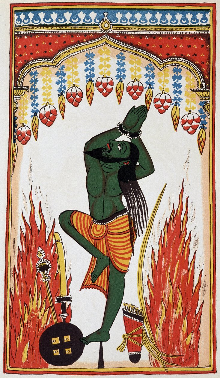 Aradjama, ber og gjør bot for å få armene som vil gjøre ham uovervinnelig, litho 1700-tallet. av Indian School