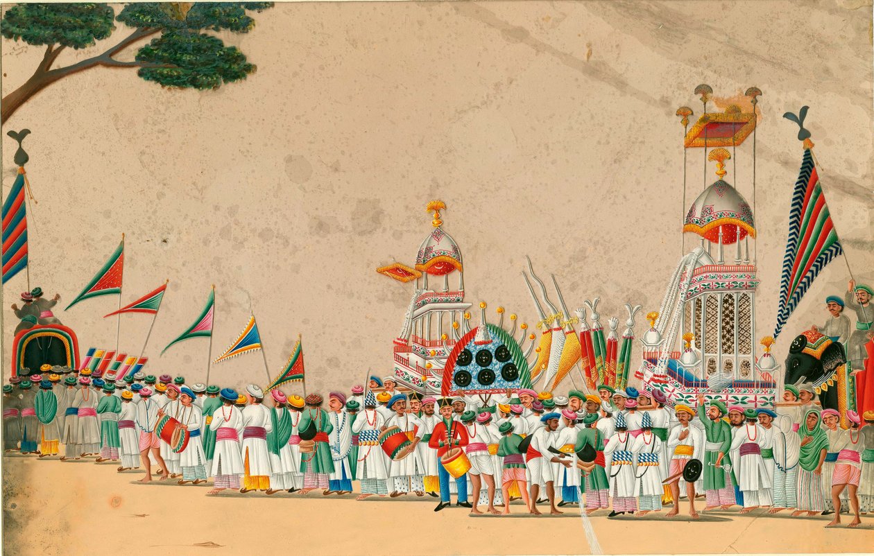 Indisk kunst: Gouache-prosesjon rundt 1800 Dim 15x23,7 cm Privat samling av Indian School