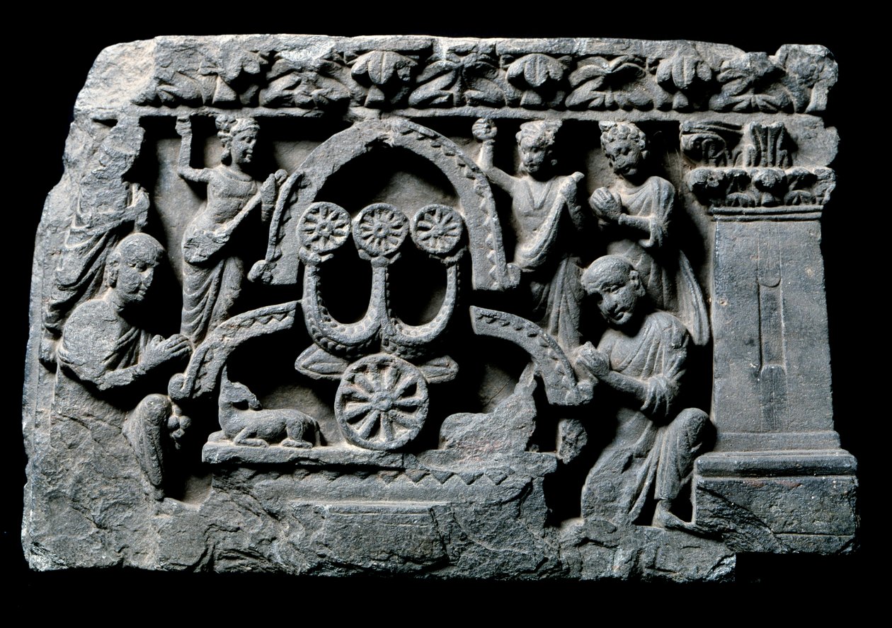 Art of Gandhara (eller gresk-buddhisme): "" Buddha i bønn"" miraklet Sravasti (Shravasti eller Savatthi) (Praying Buddha, mirakelet til Sravasti) Relieff av Gandhara-skolen - 2. til 4. århundre - Indian Museum, Calcutta India av Indian School