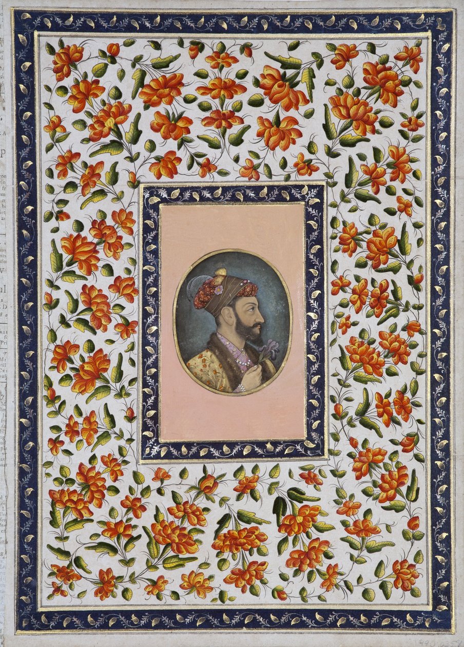 Aurangzeb Bahadur holder en iris, ca. 1650 (ugjennomsiktig wc og gull på papir) av Indian School
