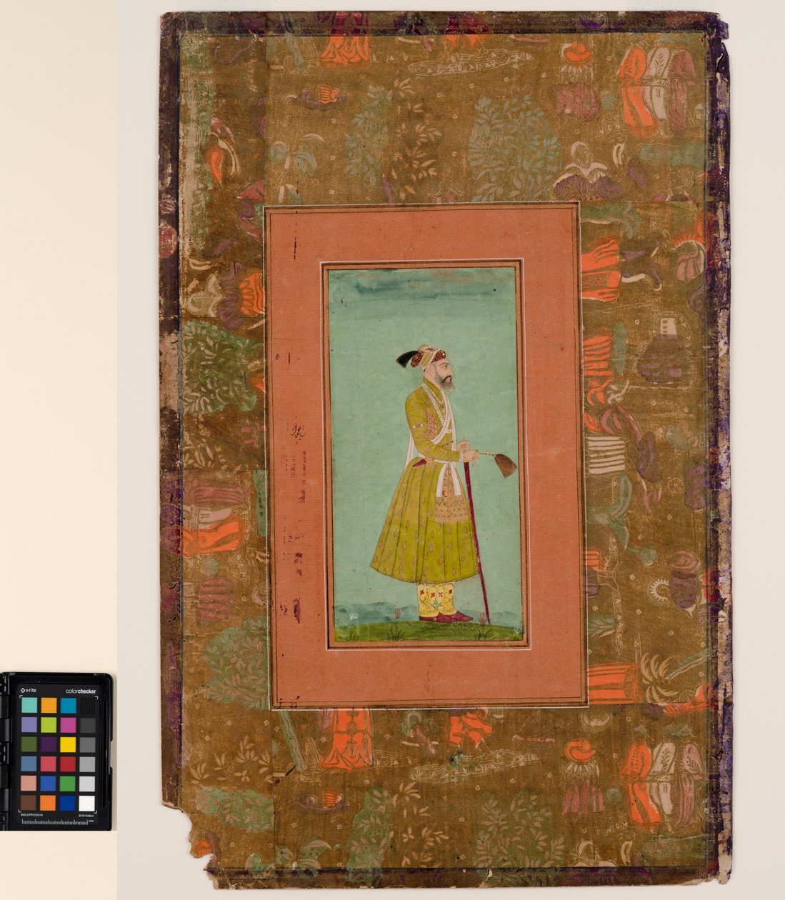 Aurangzeb holder en fluevisp, ca. 1680 (ugjennomsiktig akvarell og gull på papir, montert på en albumside) av Indian School