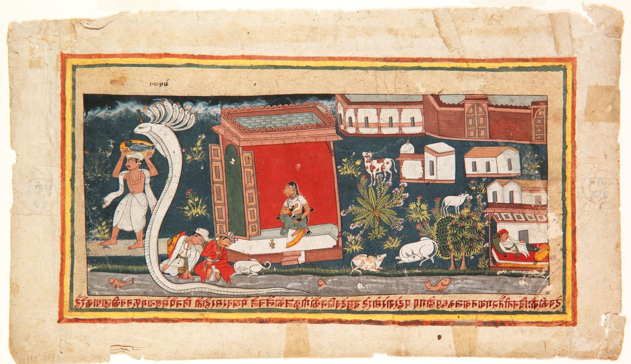 Baby Krishna bæres i sikkerhet, 1600-25 (ugjennomsiktig wc på papir) av Indian School