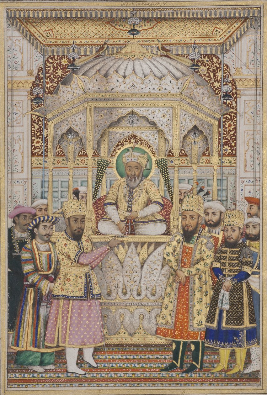 Bahadur Shah II i Darbar, ca. 1837 (ugjennomsiktig wc og gull på papir) av Indian School