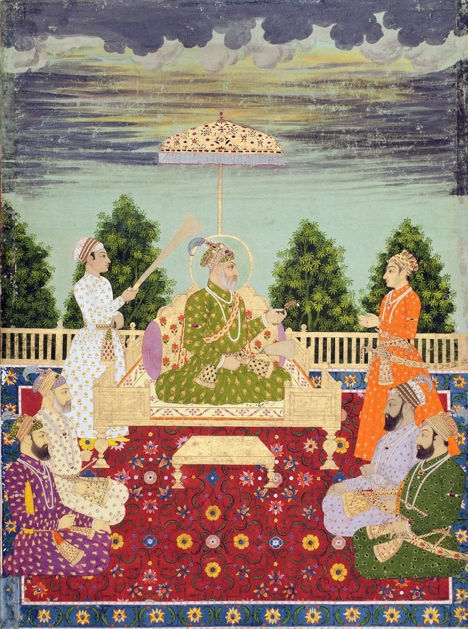 Bahadur Shah med sine fire sønner og et barnebarn, ca. 1710 (akvarell og gull på papir) av Indian School