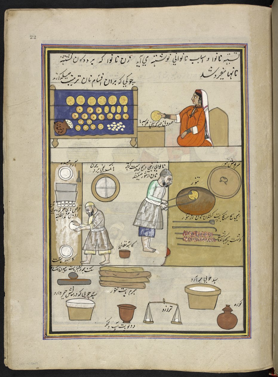 Bakere,  86 tegninger bundet inn i et bind som viser håndverk og yrker i Kashmir, håndverkere vises i arbeid med redskaper og utstyr,  Av en Kashmir-kunstner, sannsynligvis i Srinagar, ca. 1850-60 (gouache på papir) av Indian School