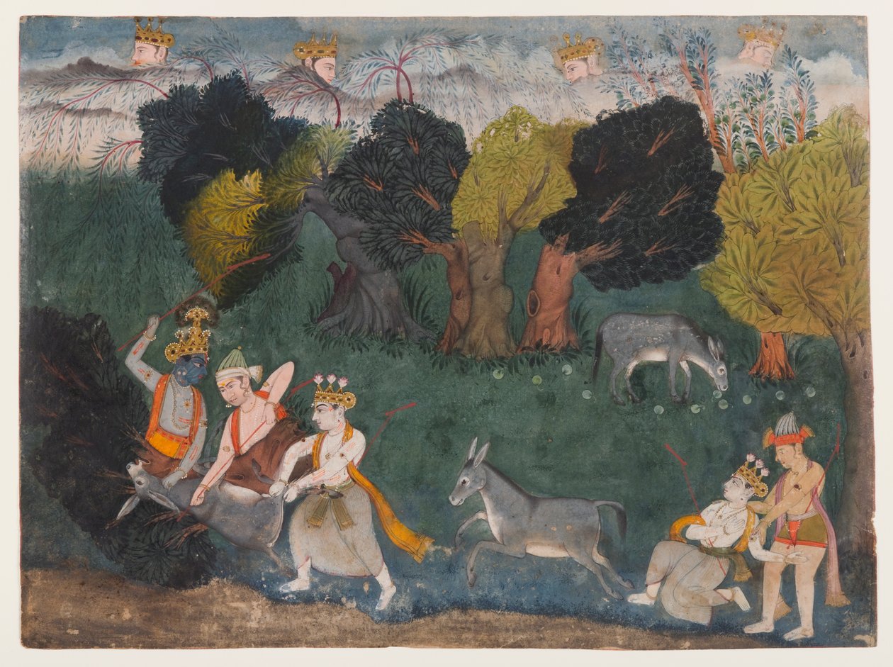 Balarama Kills the Ass Demon, Side fra en Dispersed Bhagavata Purana Series, ca. 1725 (ugjennomsiktig akvarell og sølv på papir) av Indian School