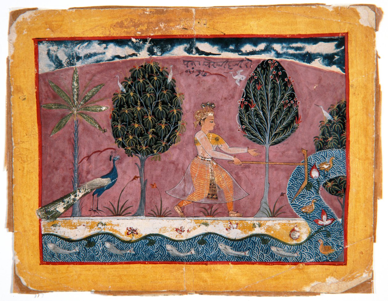 Balarama med plogskjæret sitt ved Jamna-elven, ca. 1590-1600 (ugjennomsiktig wc og gull på papir) av Indian School