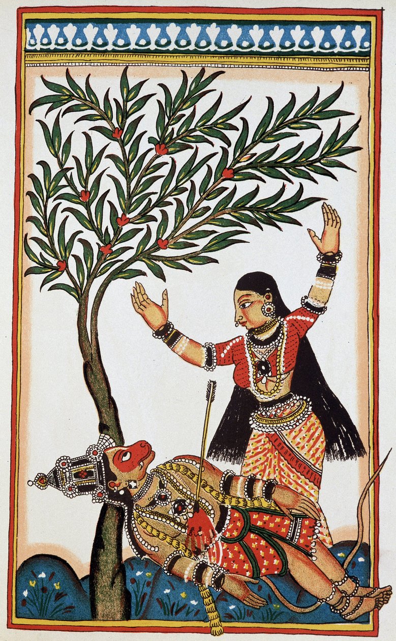 Bali drept av en pil, ved siden av ham Tara hans kone, litho attende. av Indian School