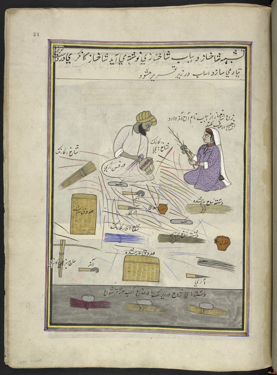 Kurvmaker og hans kone,  86 tegninger bundet inn i et bind som viser handel og yrker i Kashmir, håndverkere vises i arbeid med redskaper og utstyr,  Av en Kashmir-kunstner, sannsynligvis i Srinagar, ca. 1850-60 (gouache på papir) av Indian School