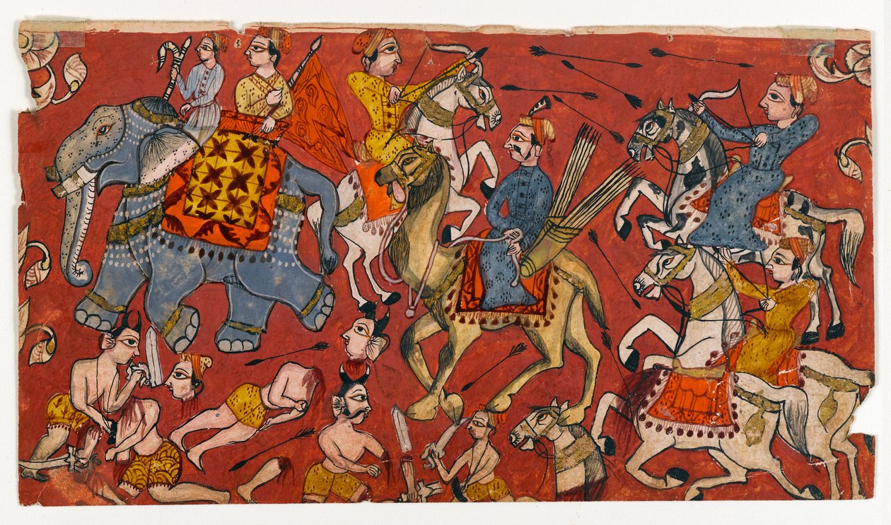 Kampscene fra en Bhagavata Purana-serie, ca. 1625-50 (akvarell og gull på papir) (recto of 499330) av Indian School