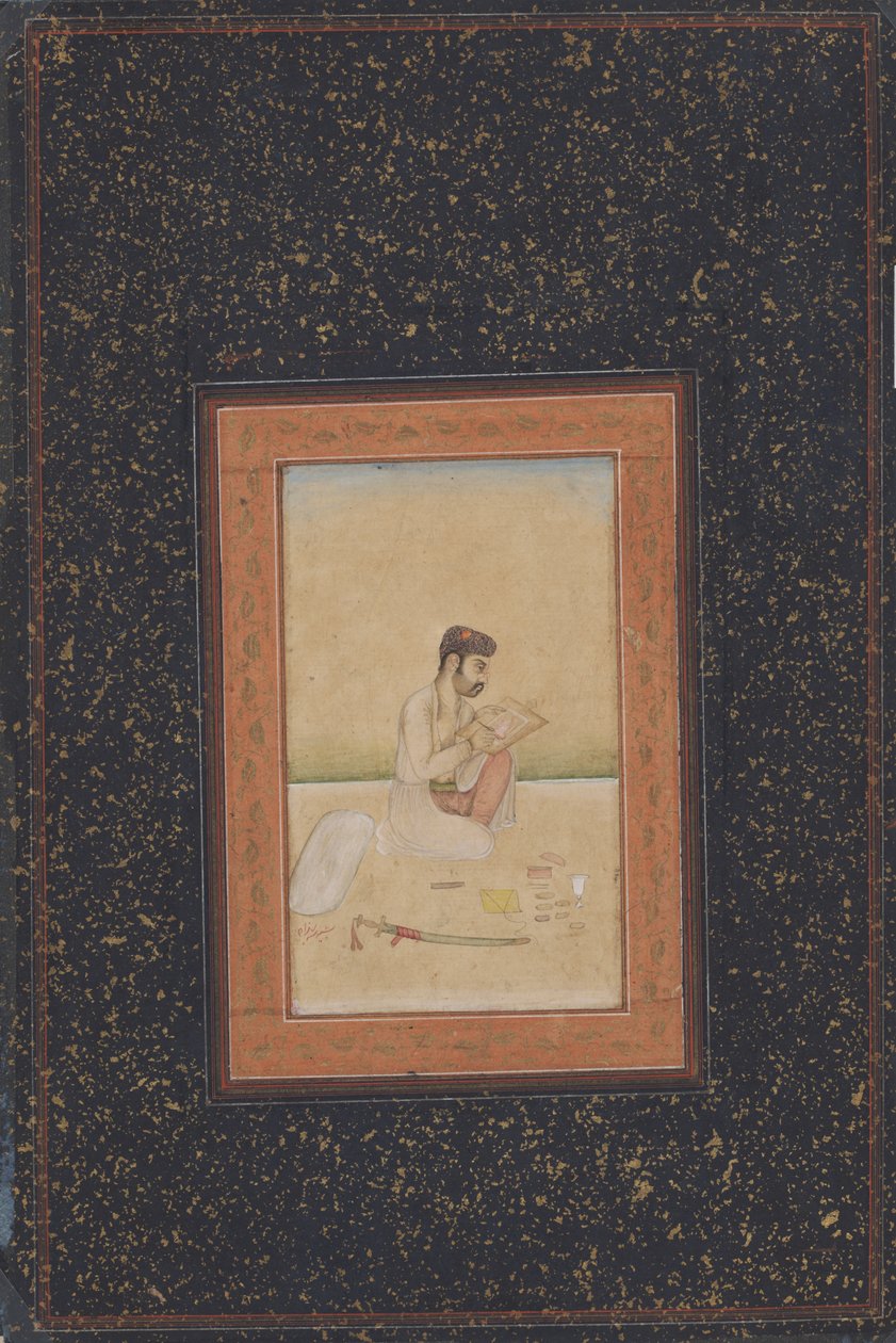 Behzad maleren med briller (blekk, farge og gull på papir) av Indian School