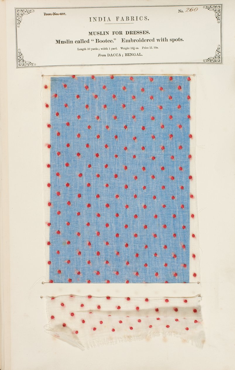 Bootee-muslinprøve brodert med flekker fra Dacca i Bengal, fra The Collection of the Textile Manufacturers of India, av John Forbes Watson, utgitt i 1866 av Indian School