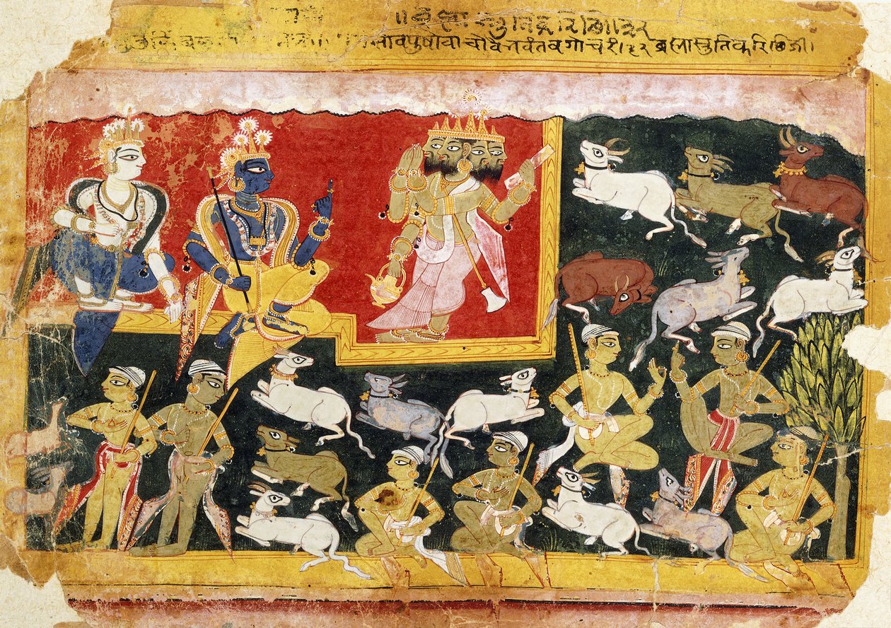 Brahma tilbyr hyllest til Krishna som inkarnasjonen av Vishnu, ca. 1540-1575 av Indian School