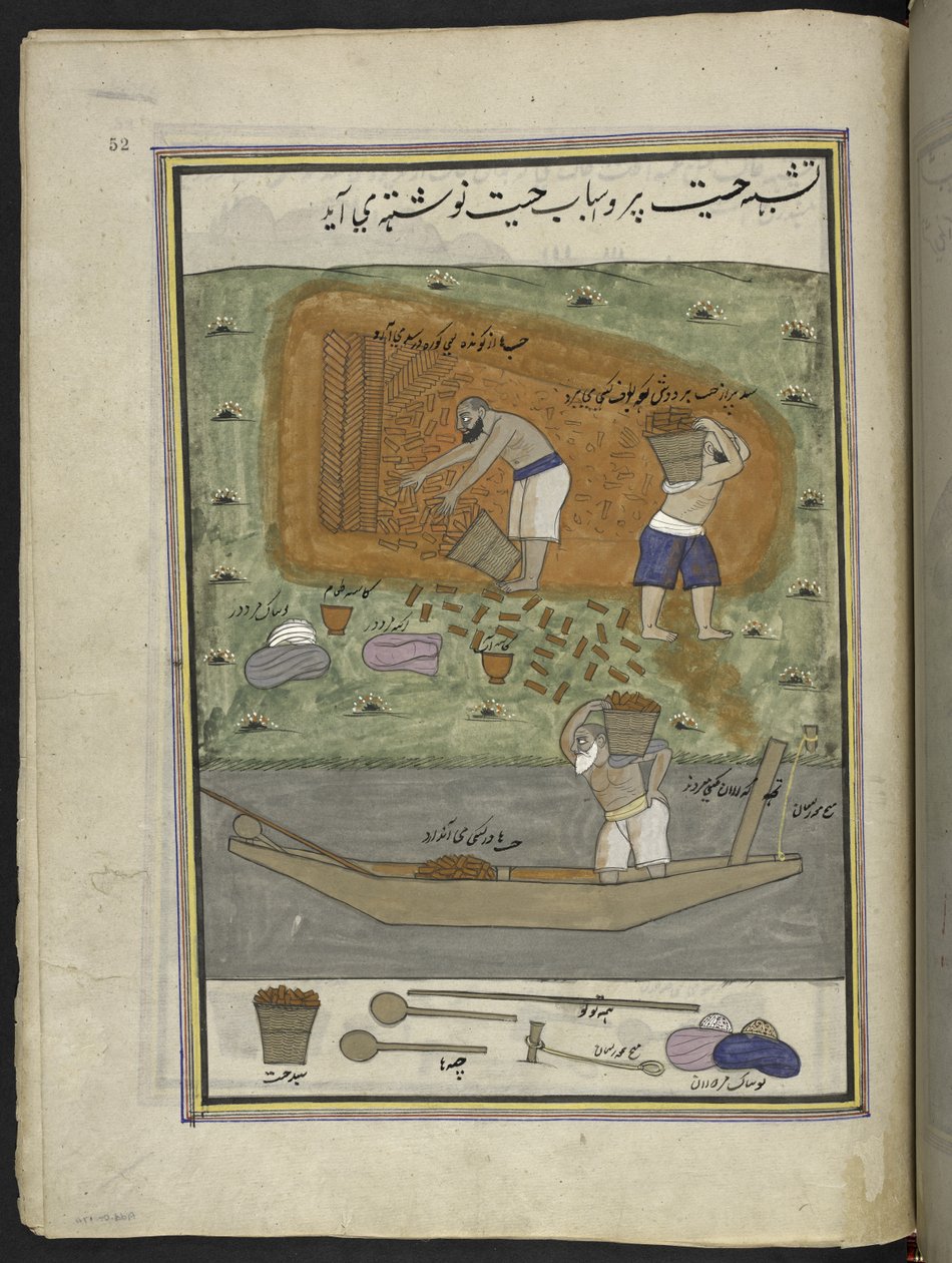 Mursteinsmakere med ovn og båt for transport av murstein,  86 tegninger bundet inn i et bind som viser håndverk og yrker i Kashmir, håndverkere vises i arbeid med redskaper og utstyr,  Av en Kashmir-kunstner, sannsynligvis i Srinagar, ca. 1850-60 av Indian School