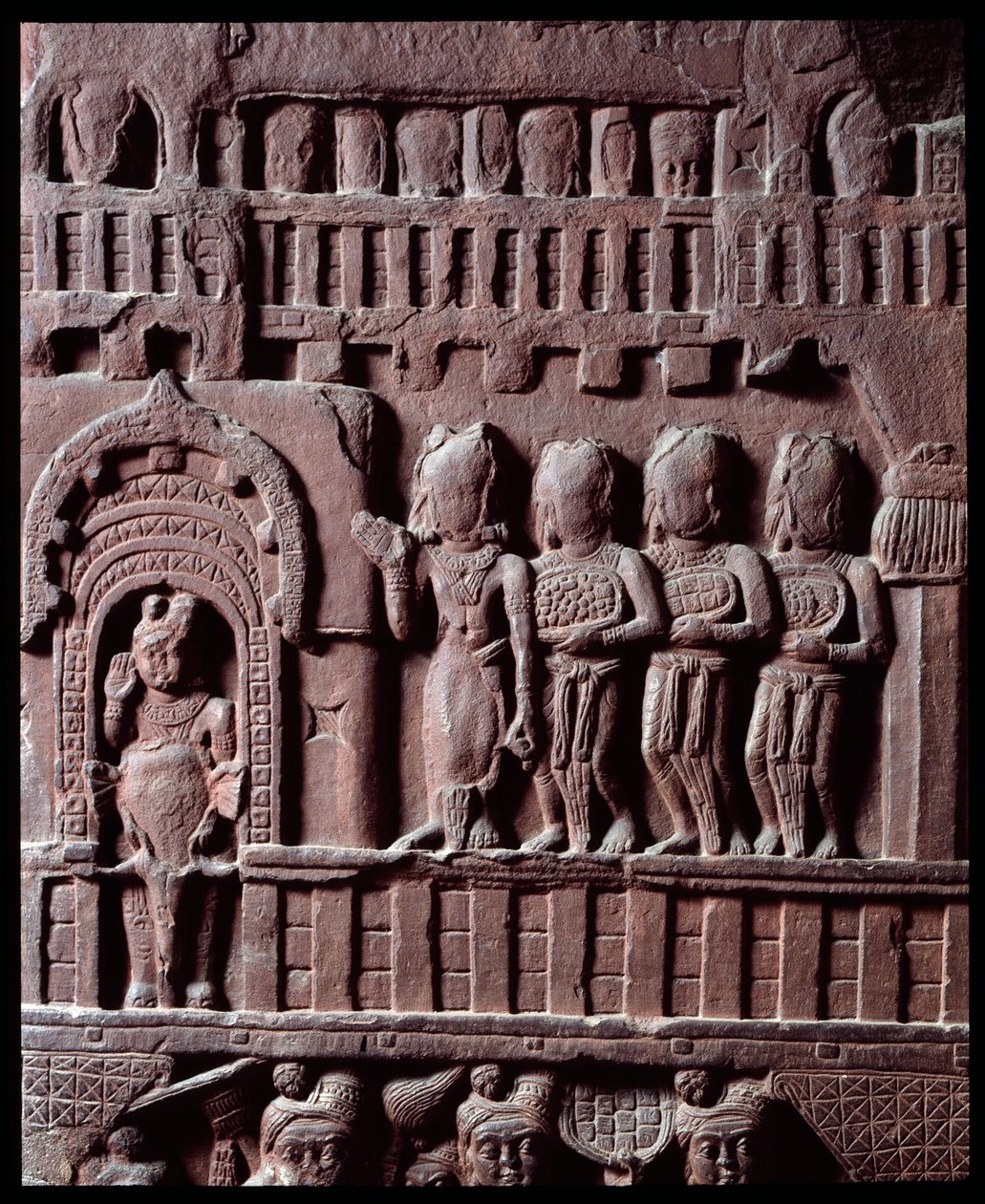 Buddhisme: "" Detalj av seier over Mara"" (Victory over Mara) detail du stupa de Bharhut (Barhut, Barouth) Svart steinrelieff, 2. århundre f.Kr. (2. århundre f.Kr.) - Kolkata, indisk museum av Indian School