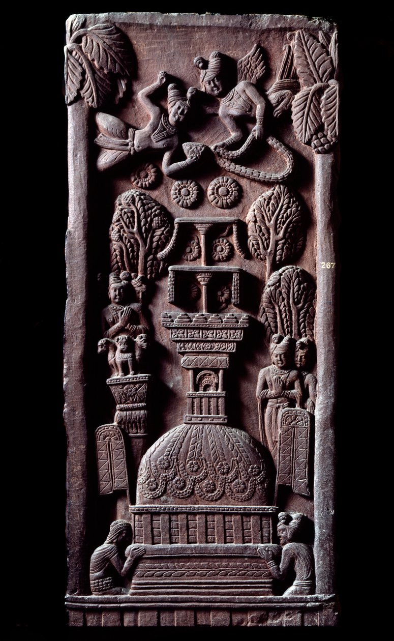 Buddhisme: "" Mahaparinirva a ou parinirvana, slutten på Buddhas jordiske eksistens, når nirvanaen"" (Parinirvana, siste nirvana, som inntreffer ved døden til Buddhas kropp) detail du stupa de Bharhut (Barhut, Barouth) Lav relieff av sort av Indian School