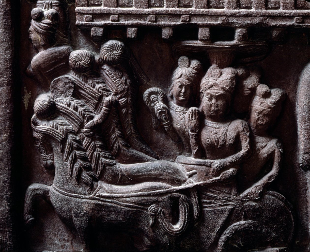 Buddhisme: "" Prasenjits siste besøk til Buddha" (Prasanjits siste besøk til Buddha) detail du stupa de Bharhut (Barhut, Barouth) Lavt relieff av svart stein, 2. århundre f.Kr. (2. århundre f.Kr.) - Kolkata, indisk museum av Indian School