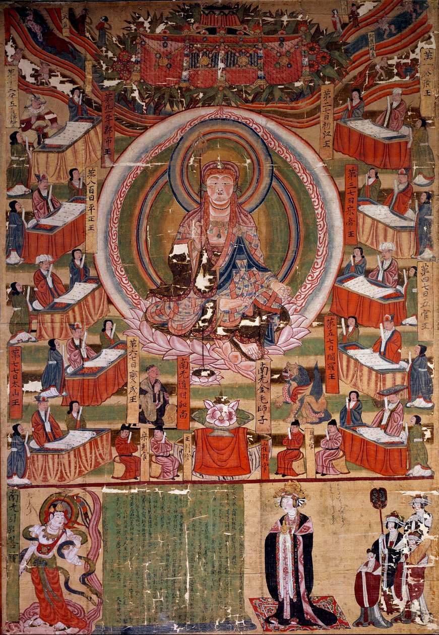 Buddhisme: "" Bodhisattvaen (eller Bodhisattaen) Ti-tsang, Mesteren over de seks betingelsene og helvetes ti konger (Ksitigarbha)"" Maleri fra 983, India. Dim. 0,22x0,4 m. Paris, Guimet-museet, Nasjonalmuseet for asiatisk kunst av Indian School