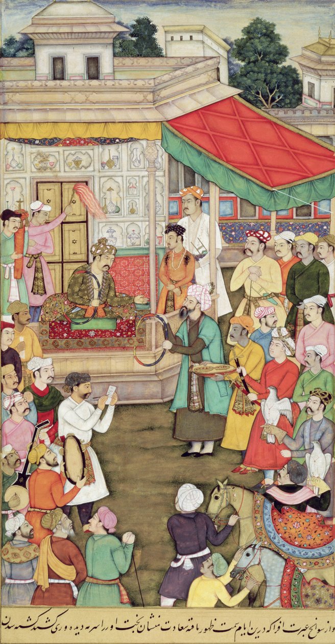 CBL Om 03.54 mottar Akbar (r.1556-1605) gaver fra ambassadørene i Badakhshan, fra Akbarnama, ca. 1605 av Indian School