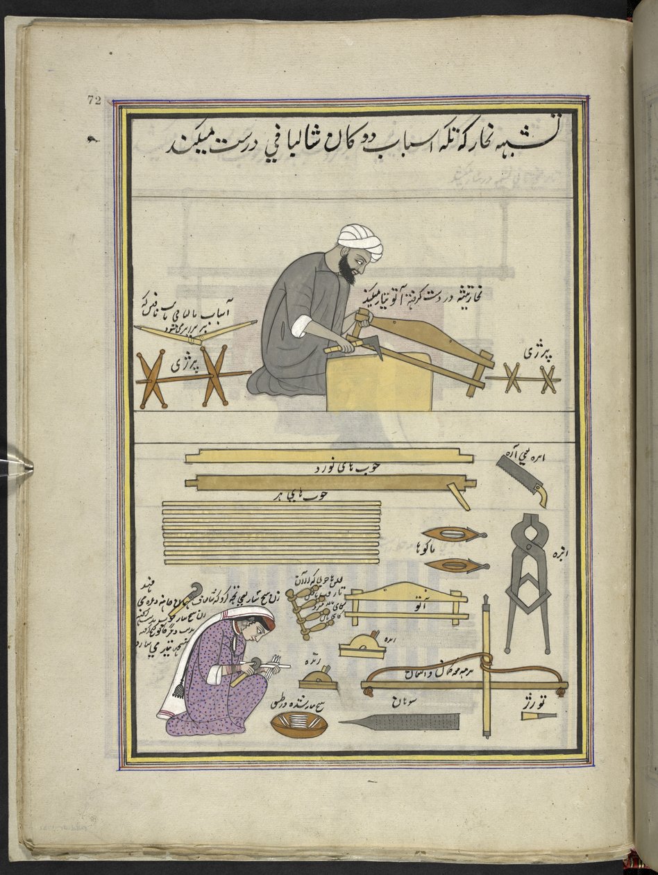 Snekker og kone lager en sjalvevstol,  86 tegninger bundet inn i et bind som viser håndverk og yrker i Kashmir, håndverkere vises i arbeid med redskaper og utstyr,  Av en Kashmir-kunstner, sannsynligvis i Srinagar, ca. 1850-60 (gouache på papir av Indian School