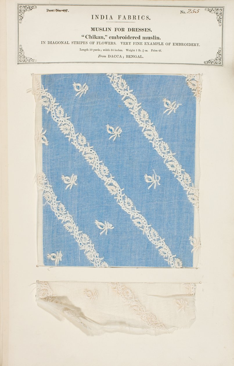 Chikan brodert muslinprøve fra Dacca i Bengal, fra The Collection of the Textile Manufacturers of India, av John Forbes Watson, utgitt i 1866 av Indian School
