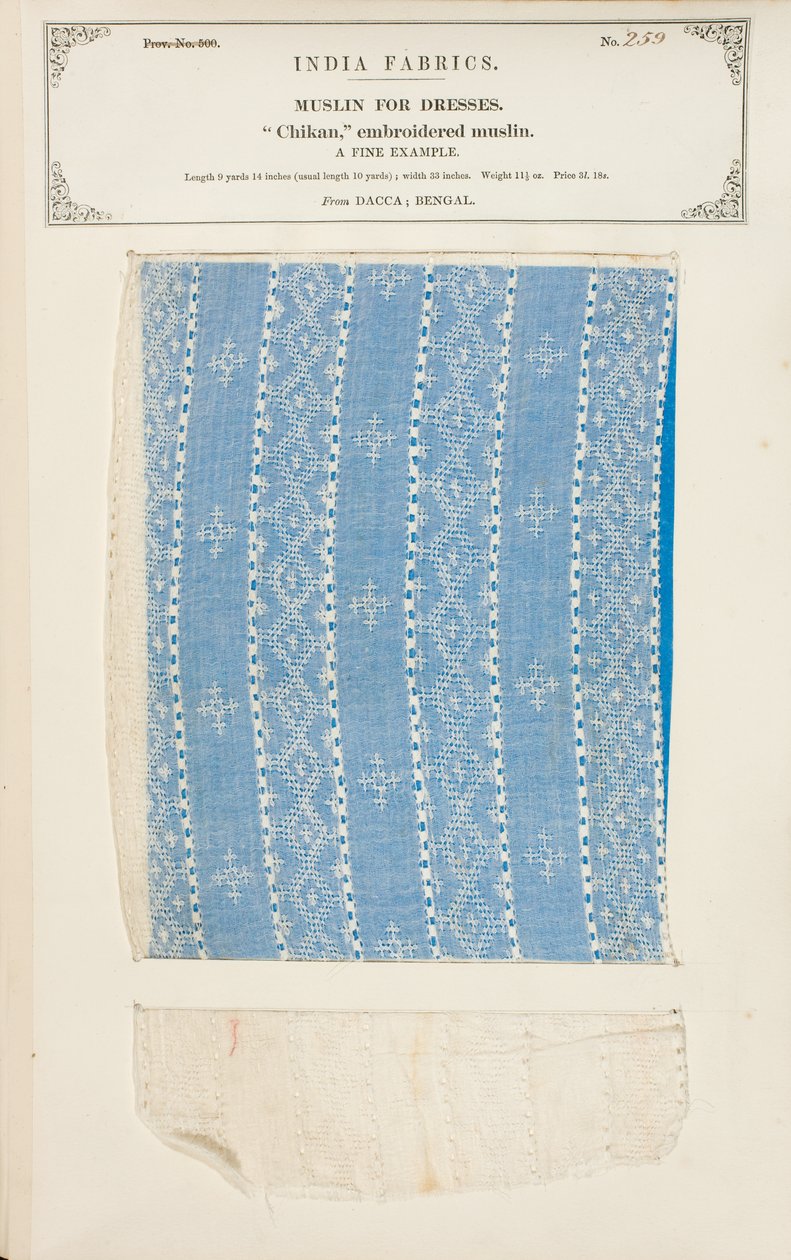Chikan brodert muslinprøve fra Dacca i Bengal, fra The Collection of the Textile Manufacturers of India, av John Forbes Watson, utgitt i 1866 av Indian School