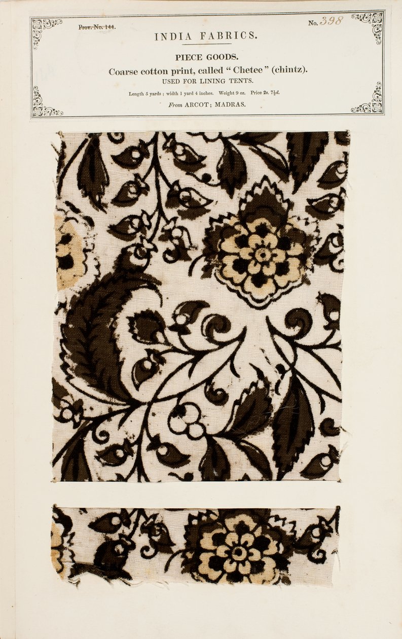 Grov bomullsprøve med chetee (chintz) mønster fra Arcot i Madras, fra The Collection of the Textile Manufacturers of India, av John Forbes Watson, utgitt i 1866 av Indian School