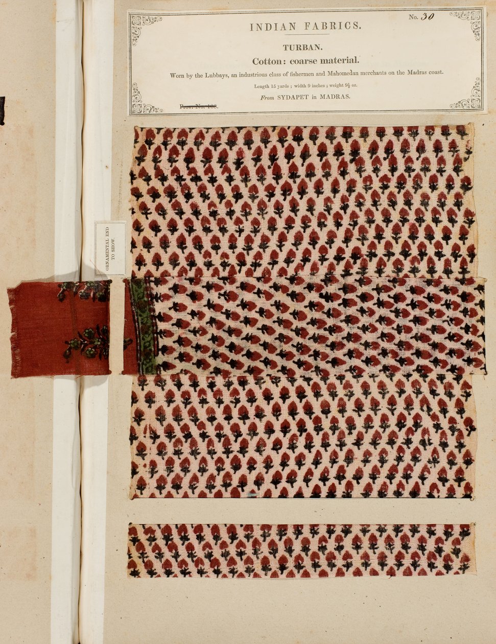 Grov bomullsturbanprøve fra Sydapet i Madras, fra The Collection of the Textile Manufacturers of India, av John Forbes Watson, utgitt i 1866 av Indian School