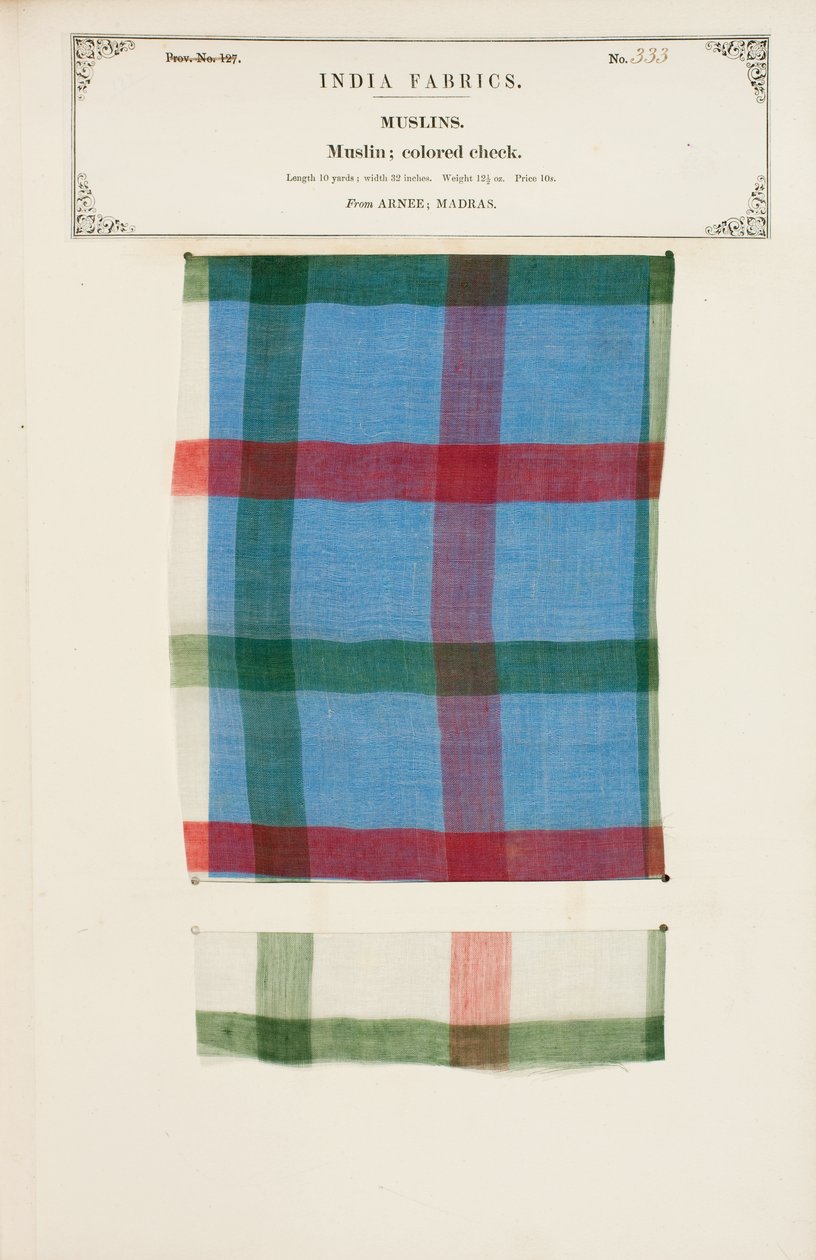 Farget rutete muslinprøve fra Arnee i Madras, fra The Collection of the Textile Manufacturers of India, av John Forbes Watson, utgitt i 1866 av Indian School