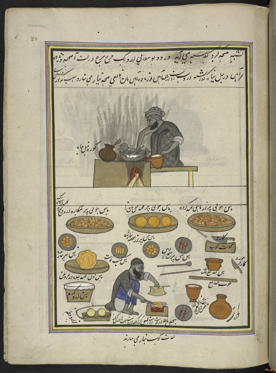 Kokt mat og kawab-produsenter, 86 tegninger bundet inn i et bind som viser handel og yrker i Kashmir, håndverkere vises i arbeid med redskaper og utstyr, Av en Kashmir-kunstner, sannsynligvis i Srinagar, ca. 1850-60 (gouache på papir) av Indian School
