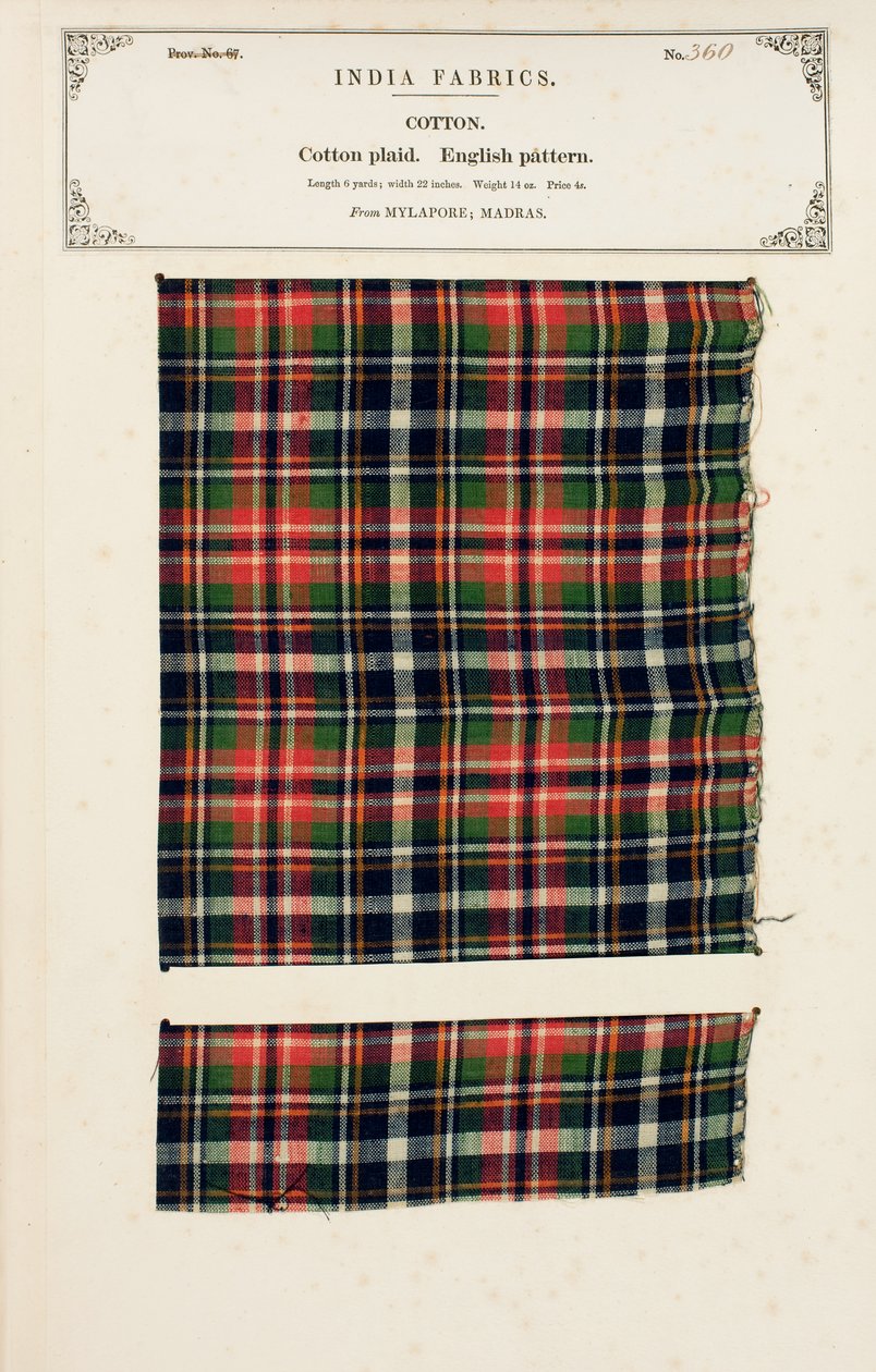 Bomullspleddprøve fra Mylapore i Madras, fra The Collection of the Textile Manufacturers of India, av John Forbes Watson, utgitt i 1866 av Indian School