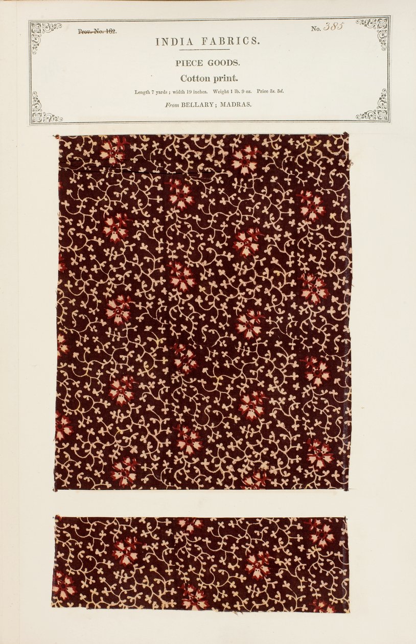 Bomullstrykkprøve fra Bellary i Madras, fra The Collection of the Textile Manufacturers of India, av John Forbes Watson, utgitt i 1866 av Indian School