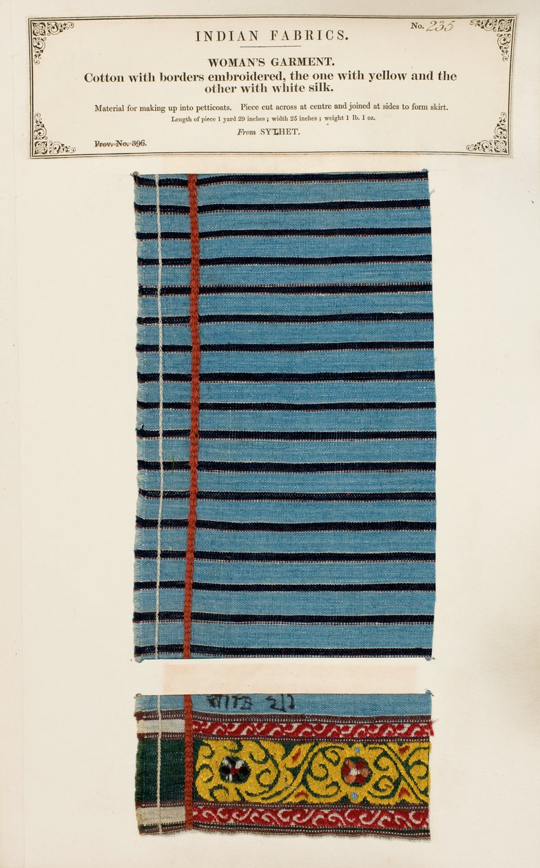 Bomullsprøve brodert med hvit og gul silke fra Sylhet, fra The Collection of the Textile Manufacturers of India, av John Forbes Watson, utgitt i 1866 av Indian School