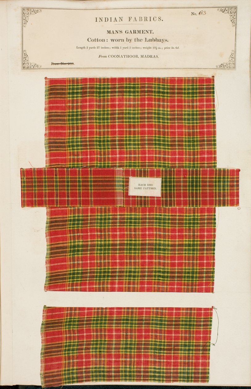 Bomullsprøve fra Coonathoor i Madras, fra The Collection of the Textile Manufacturers of India, av John Forbes Watson, utgitt i 1866 av Indian School