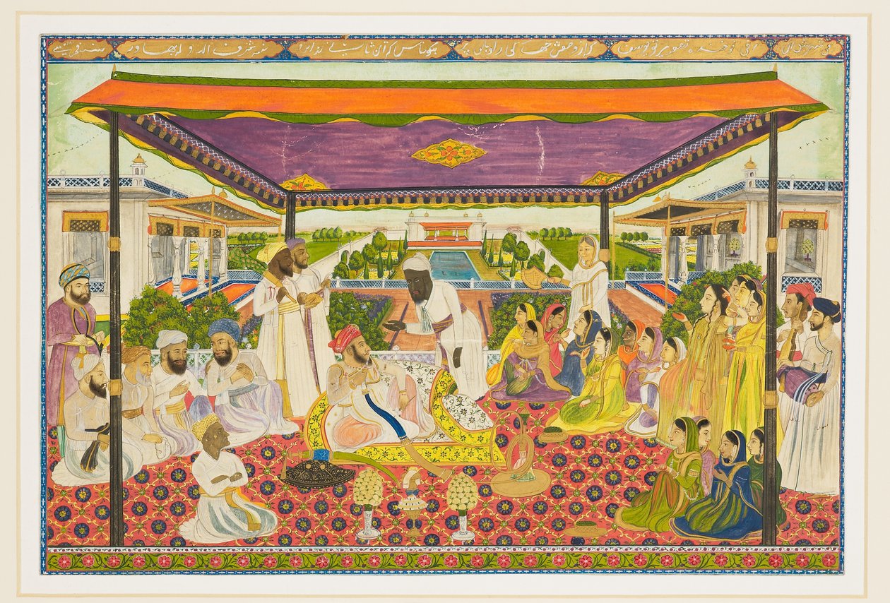 Rettsscene med panoramapalass og hagebakgrunn av Indian School