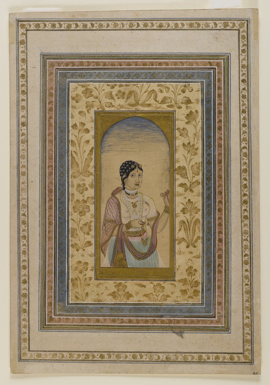 Courtesan in a Window, 1700-tallet (vasker av wc, gull og blekk på papir) av Indian School
