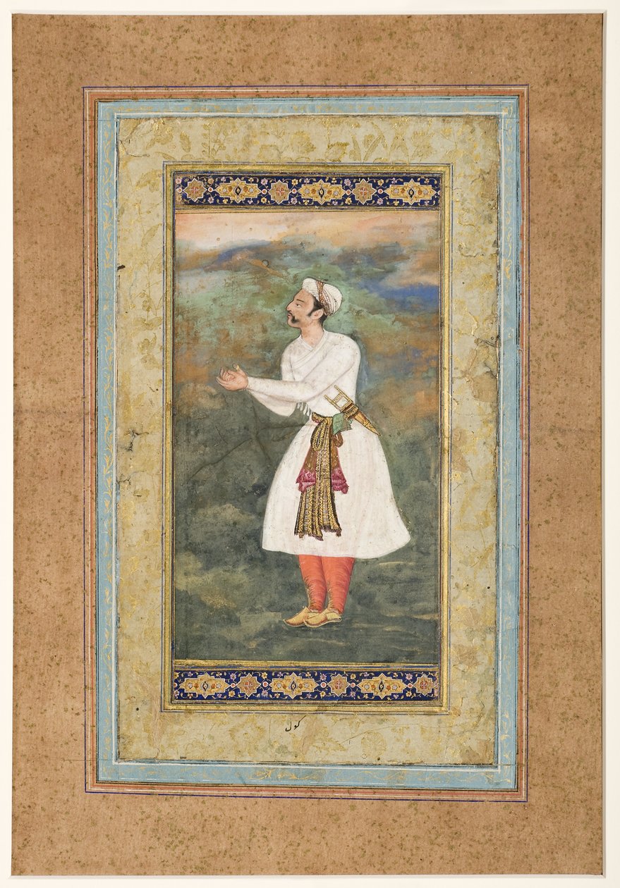 Courtier Standing in an Attitude of Great Respect, ca. 1575 (ugjennomsiktig wc og gull på papir) av Indian School