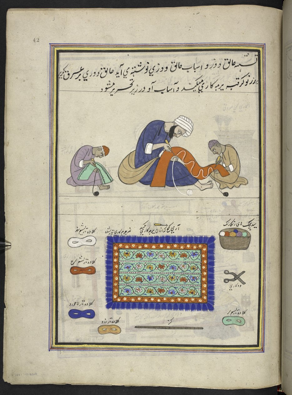 Håndverkere som broderer filttepper '(namda),' 86 tegninger bundet inn i et bind som skildrer handel og yrker i Kashmir, Håndverkere vises på jobb med redskaper og utstyr, Av en Kashmir-kunstner, sannsynligvis i Srinagar, ca. 1850-60 (gouache) på s av Indian School