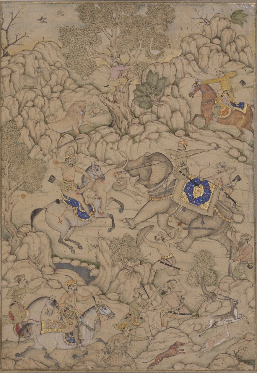 Danger in a Lion Hunt, ca. 1600 (ugjennomsiktig wc på papir) av Indian School