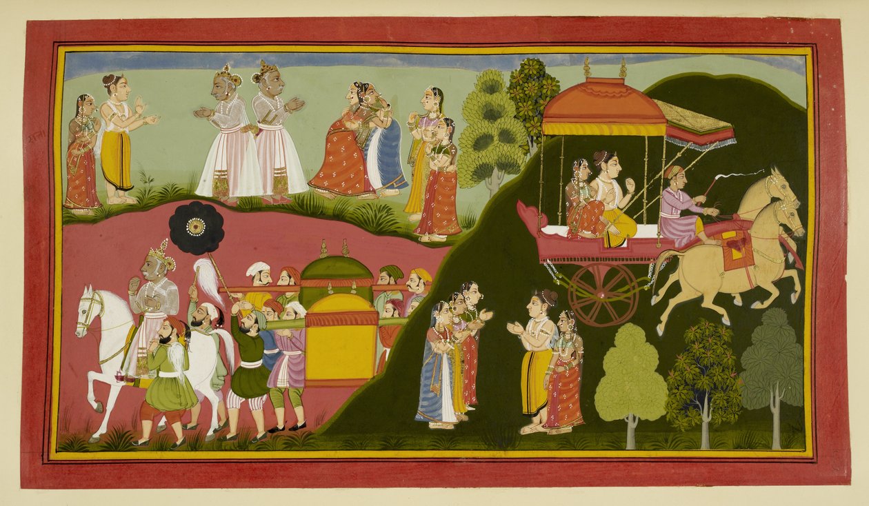 Dasaratha og dronningene hans vender tilbake til Ayodhya, og etterlater Rishyasringa og Shanta av Indian School
