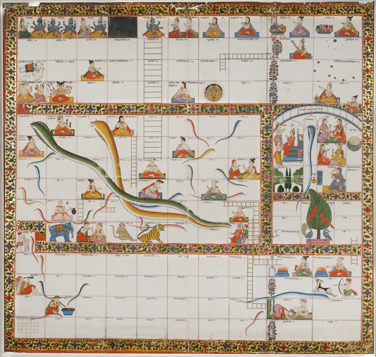 Design for spillet Snakes and Ladders, 1800 (gouache på papir montert på tøy) av Indian School