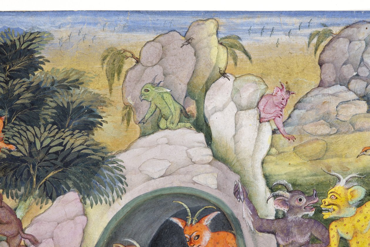 Detalj fra Demons in a Wild Landscape, ca. 1600 (ugjennomsiktig wc og gull på papir) av Indian School