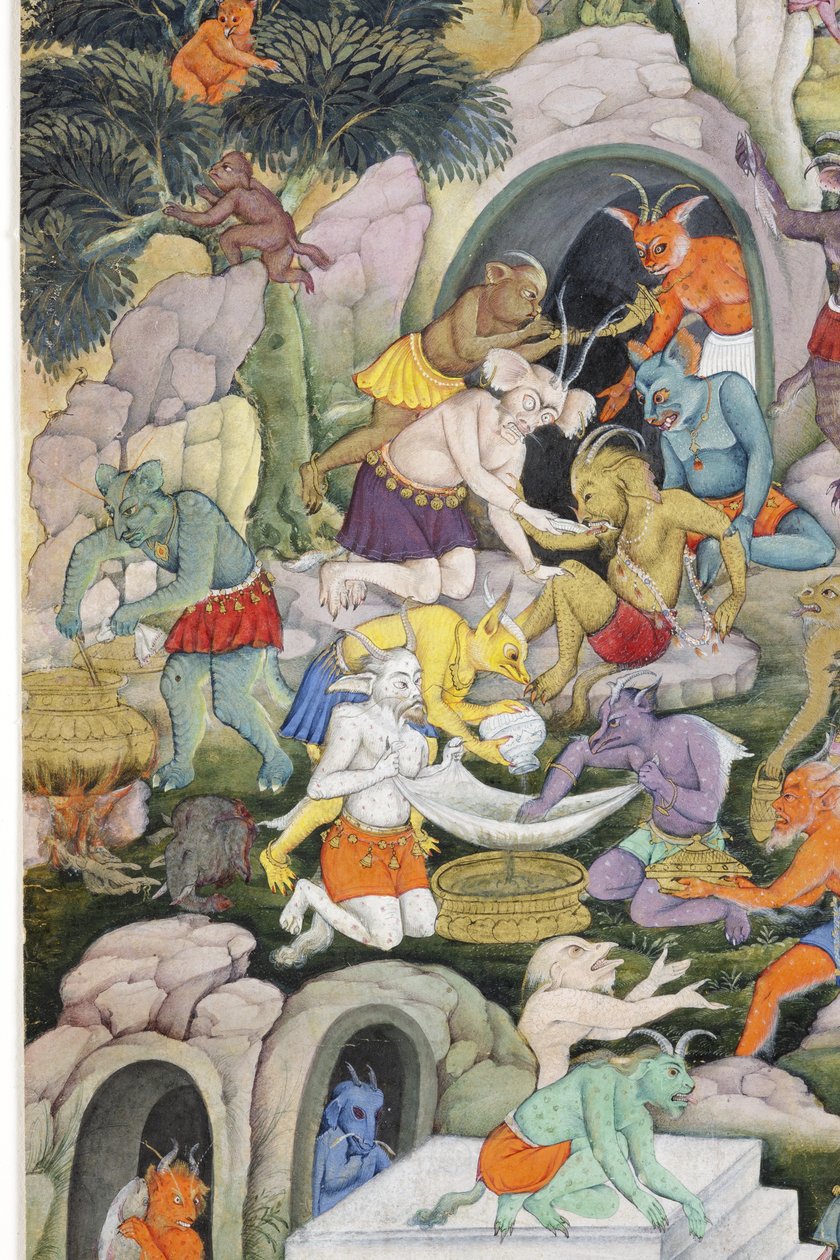 Detalj fra Demons in a Wild Landscape, ca. 1600 (ugjennomsiktig wc og gull på papir) av Indian School