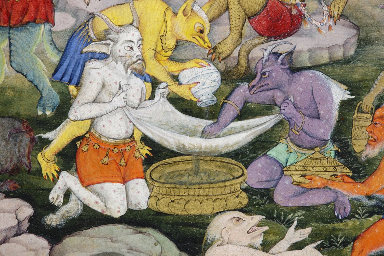 Detalj fra Demons in a Wild Landscape, ca. 1600 (ugjennomsiktig wc og gull på papir) av Indian School