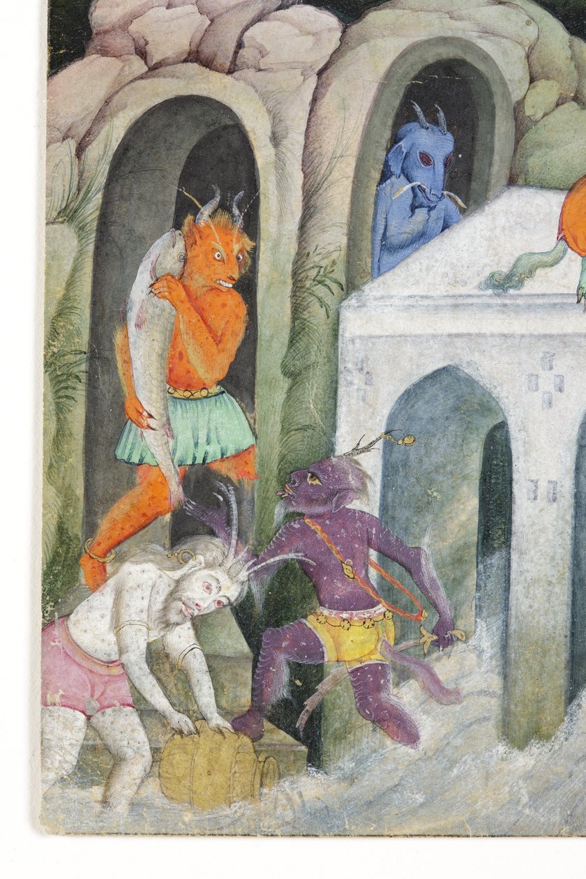 Detalj fra Demons in a Wild Landscape, ca. 1600 (ugjennomsiktig wc og gull på papir) av Indian School