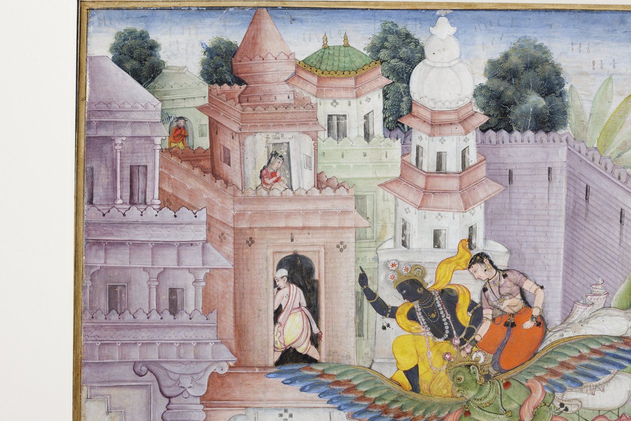 Detalj fra Krishna Cleaves the Demon Narakasura med diskosen sin, ca. 1585-90 (ugjennomsiktig wc og gull på papir) av Indian School